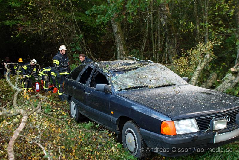 DSC_0038.JPG - Vid 17 tiden larmades räddningstjänst, ambulans och polis till Riseberga gården där ett träd fallit över en personbil, Först var två personer fastklämda men lyckades ta sig ut innan räddningstjänsten kom fram till platsen. Ingen person ska ha skadats allvarligt.