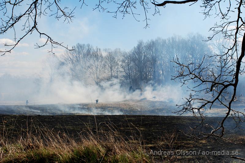 DSC_0056.JPG - Vid 12,50 larmades Räddningstjänsten från Klippan, Ljungbyhed, Perstorp, Svalöv och Hässleholm med flera, till en brand i en maskinhall i Aggarp utanför Ljungbyhed. Även polis och ambulans blev larmade till platsen. Det brann kraftigt i byggnaden och det spred sig till en hage som låg sidan om, det va en yta på ca 150x150meter som brann. Det ska även ha förekommit någon slags explosion från maskinhallen där det ska ha funnits en disel tank eller liknande. Det fanns en spridningsrisk till boningshus och andra byggnader. Ingen person ska ha kommit till skada.