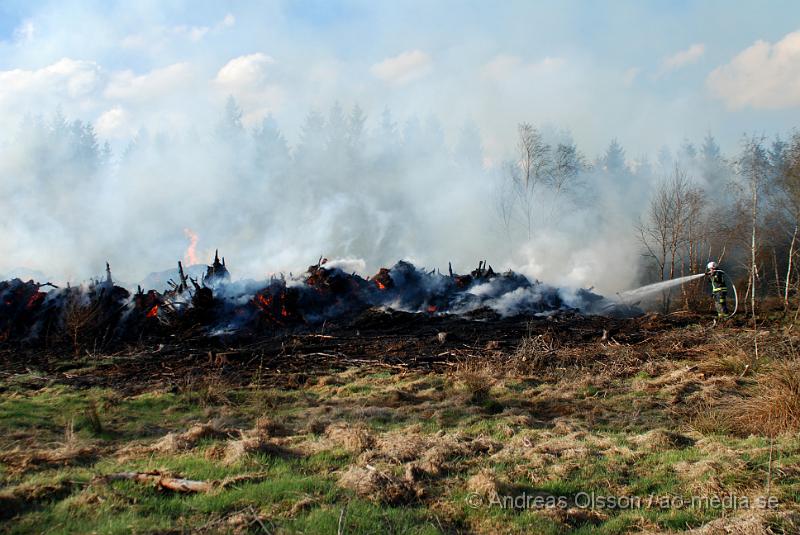 DSC_0227.JPG - Vid 17,50 tiden larmades räddningstjänsten från Perstorp och Hässleholm till en skogsbrand. Man misstänker att en bil kan vara start orsaken till branden men det är i nuläget oklart och bara spekullationer. Branden spred sig till stora högar med flis och annat bråte som brann kraftig vid framkomst, även en del mark runtomkring brann. Ingen har kommit till skada.