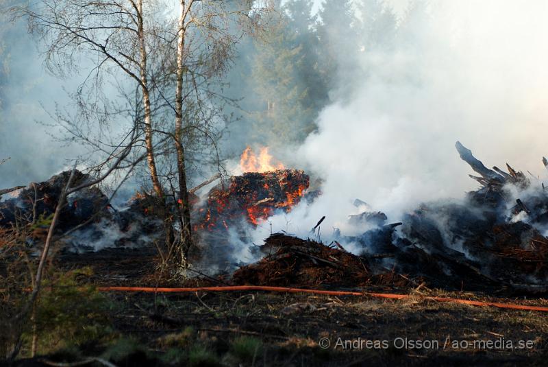 DSC_0252.JPG - Vid 17,50 tiden larmades räddningstjänsten från Perstorp och Hässleholm till en skogsbrand. Man misstänker att en bil kan vara start orsaken till branden men det är i nuläget oklart och bara spekullationer. Branden spred sig till stora högar med flis och annat bråte som brann kraftig vid framkomst, även en del mark runtomkring brann. Ingen har kommit till skada.