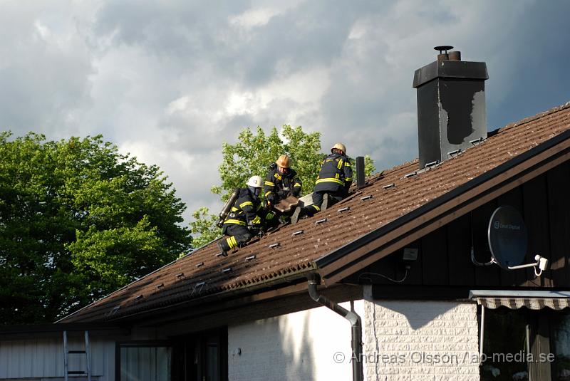 DSC_0029.JPG - Vid 18:50 tiden larmades räddningstjänsten till en villa brand i Eket, enligt uppgifterna ska det har börjart brinna i en fläkt och de var öppna lågor men räddningstjänsten fick snabbt elden under kontroll. Räddningstjänsten  bryter upp takplattorna för o förhindra ev spridning i taket. Inga personer ska ha kommit till skada.