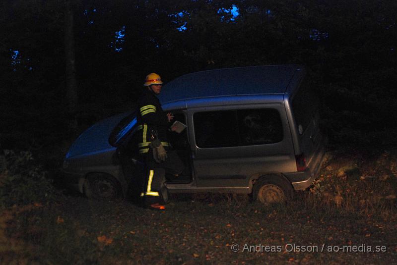 DSC_2521.JPG - Vid 19 tiden larmades  räddningstjänsten till en singelolycka utanför Riseberga.  När dem kom till platsen stod bilen halft på sidan i en sluttning. Personen i bilen var väldigt berusad och nedkyld. Ingen vet hur länge bilen hade stått där. I bilen så fann dem öl och det även en hund. personskador är okänt