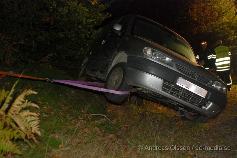 DSC_2537.JPG - Vid 19 tiden larmades  räddningstjänsten till en singelolycka utanför Riseberga.  När dem kom till platsen stod bilen halft på sidan i en sluttning. Personen i bilen var väldigt berusad och nedkyld. Ingen vet hur länge bilen hade stått där. I bilen så fann dem öl och det även en hund. personskador är okänt