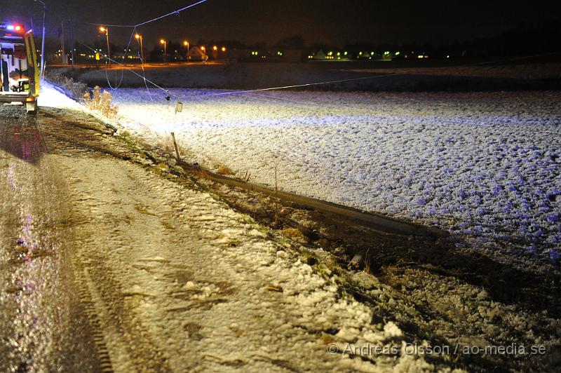 _DSC2608.JPG - Vid 21:45 tiden larmades räddningstjänsten till en trafikolycka i Åstorp. Där en förare hade krockat med en elstolpe och voltat ner på fältet, elledningarna hade gått sönder och låg över fältet runt bilen. Personskador är okända men föraren fick föras till sjukhuset.