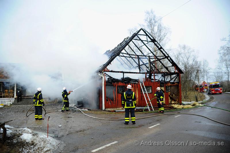 _DSC4099.JPG - Vid 11:20 tiden larmades räddningstjänsten från Örkelljunga och Klippan till en brand lite utanför örkelljunga, vid framkomst så var ladan där det fanns en bilverkstad i helt övertänd men räddningstjänsten kunde snabbt få branden under kontroll. Ladan blev helt förstörd, men räddningstjänsten lyckades att begränsa branden så den inte spred sig vidare till boninghuset som låg väldigt nära.