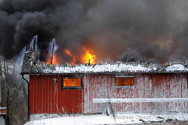 _DSC4476.JPG - Vid 14:00 tiden larmades räddningstjänster från många stationer runt om höganäs och helsingborg till en ladugårdsbrand, vid framkomst så var ladugården helt övertänd. Släckingsarbetet håller på just nu, det är okänt om det finns några djur i ladugården och om några människor har kommit till skada under branden. När man kunde ta sig in i byggnaden senare på kvällen upptäckte man ett antal gasolflaskor och har nu spärrat av ca 300 meter runt om.