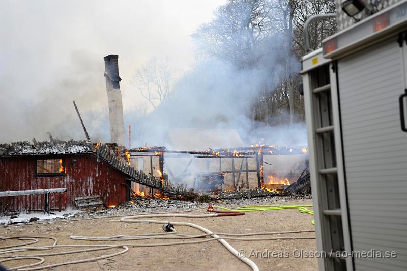 _DSC4505.JPG - Vid 14:00 tiden larmades räddningstjänster från många stationer runt om höganäs och helsingborg till en ladugårdsbrand, vid framkomst så var ladugården helt övertänd. Släckingsarbetet håller på just nu, det är okänt om det finns några djur i ladugården och om några människor har kommit till skada under branden. När man kunde ta sig in i byggnaden senare på kvällen upptäckte man ett antal gasolflaskor och har nu spärrat av ca 300 meter runt om.