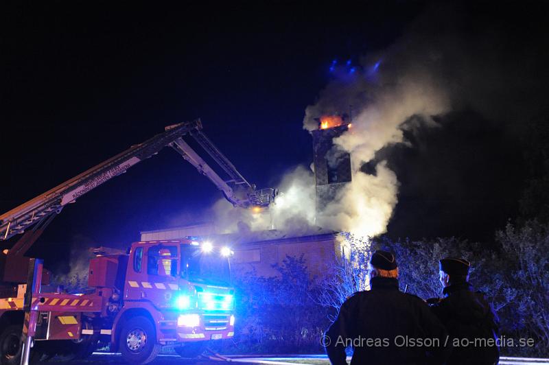 _DSC7125.JPG - Vid 22:40 tiden larmades räddningtjänsten från svalöv och landskrona till Teckomatorps frivilliga brandstation, vid framkomst så var det en fullt utvecklad brand, man lyckades få ut bilarna ur byggnaden. Släckningsarbetet pågår ännu och säkert ett par timmar till. Vad som orsakat branden är ännu oklart. Inga personer ska ha kommit till skada under händelsen.