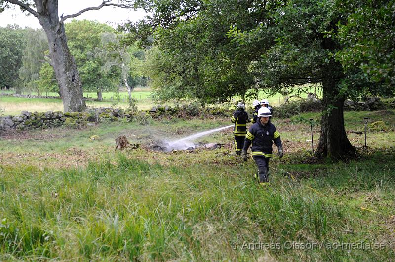 _DSC3005.JPG - Vid 11 tiden larmades Räddningstjänsten från Ljungbyhed och Polis till väg 13 vid brukshundsklubben där det brann med öppna låger ute på ett fält. När räddningstjänsten kom fram kunde man konstatera att det var en mindre hög med pinnar och bråte som brann. Branden släcktes snabbt ner.