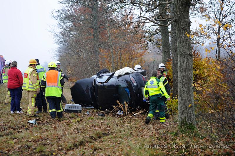 _DSC4623.JPG - Vid 14 tiden larmades räddningstjänsten från klippan och Örkelljunga samt polis och ambulans till E4an vid mölletofta där en personbil kört av vägen och krockat med ett träd. En person fördes till sjukhus med okända skador, i bilen fanns också ett okänt antall katter där minst en av dem tyvärr avled i krocken.