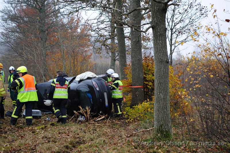 _DSC4624.JPG - Vid 14 tiden larmades räddningstjänsten från klippan och Örkelljunga samt polis och ambulans till E4an vid mölletofta där en personbil kört av vägen och krockat med ett träd. En person fördes till sjukhus med okända skador, i bilen fanns också ett okänt antall katter där minst en av dem tyvärr avled i krocken.