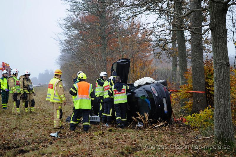 _DSC4625.JPG - Vid 14 tiden larmades räddningstjänsten från klippan och Örkelljunga samt polis och ambulans till E4an vid mölletofta där en personbil kört av vägen och krockat med ett träd. En person fördes till sjukhus med okända skador, i bilen fanns också ett okänt antall katter där minst en av dem tyvärr avled i krocken.