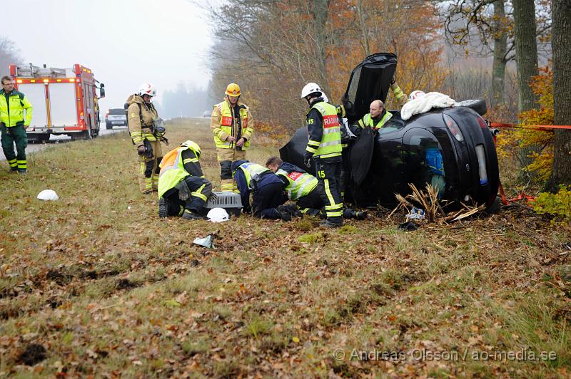 _DSC4629.JPG - Vid 14 tiden larmades räddningstjänsten från klippan och Örkelljunga samt polis och ambulans till E4an vid mölletofta där en personbil kört av vägen och krockat med ett träd. En person fördes till sjukhus med okända skador, i bilen fanns också ett okänt antall katter där minst en av dem tyvärr avled i krocken.