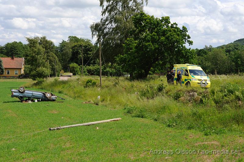 _DSC9488.JPG - Strax efter 13.30 larmades polis och ambulans till Västra Maglarbyvägen utanför Kvidinge där en personbil kört av vägen och in i en telefonlednings stolpe och voltat ut på en åker. Ingen person ska ha skadats i olyckan men föraren misstänks för rattfylleri och får följa med polisen för provtagning.